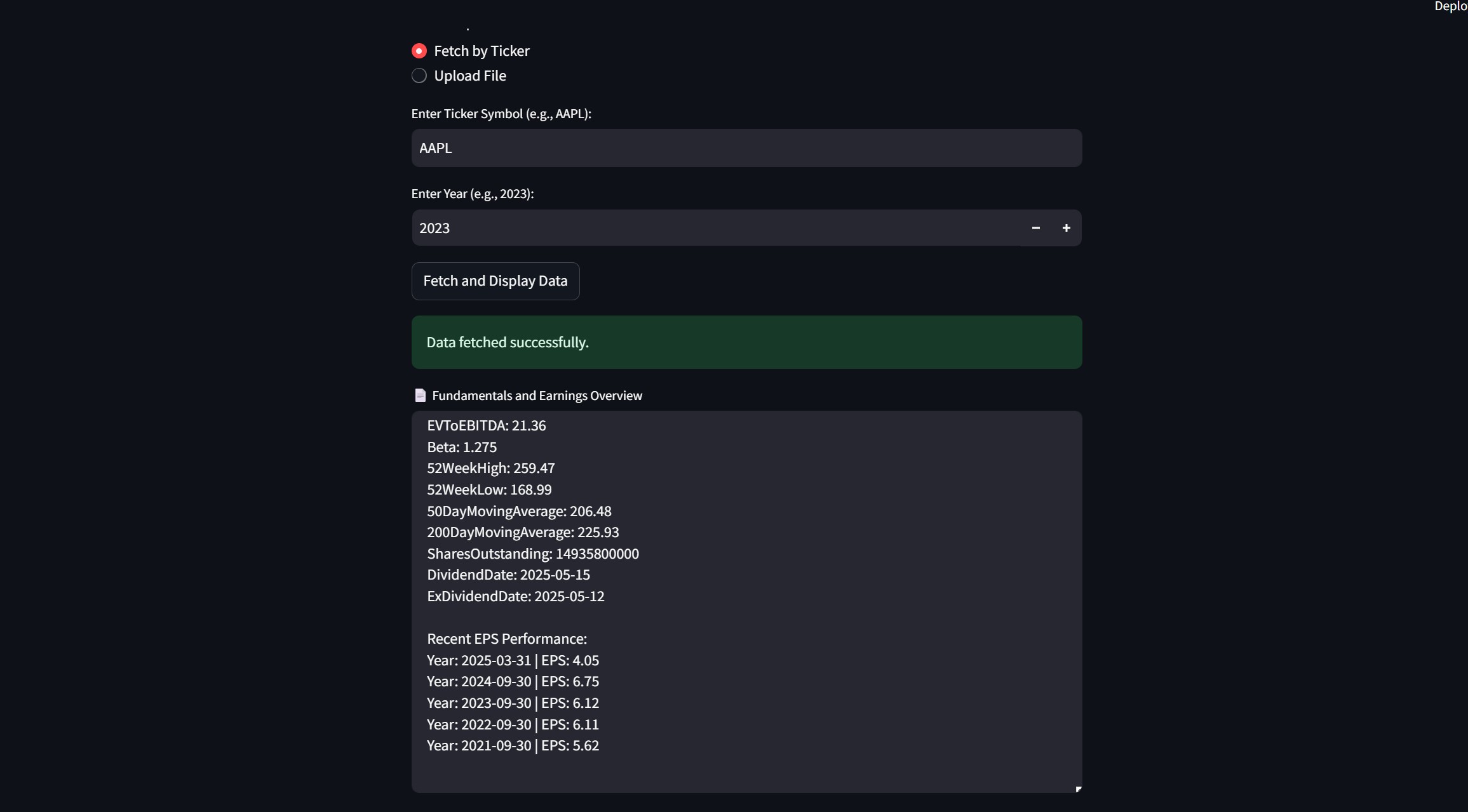 Ticker Symbol Input Screenshot